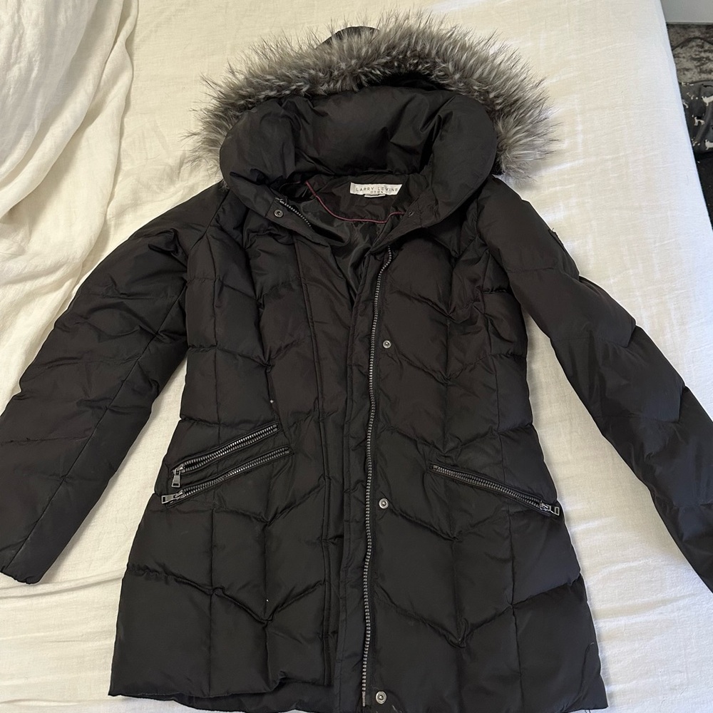 Women's Larry Levine Black Down Hooded winter jacket size XS